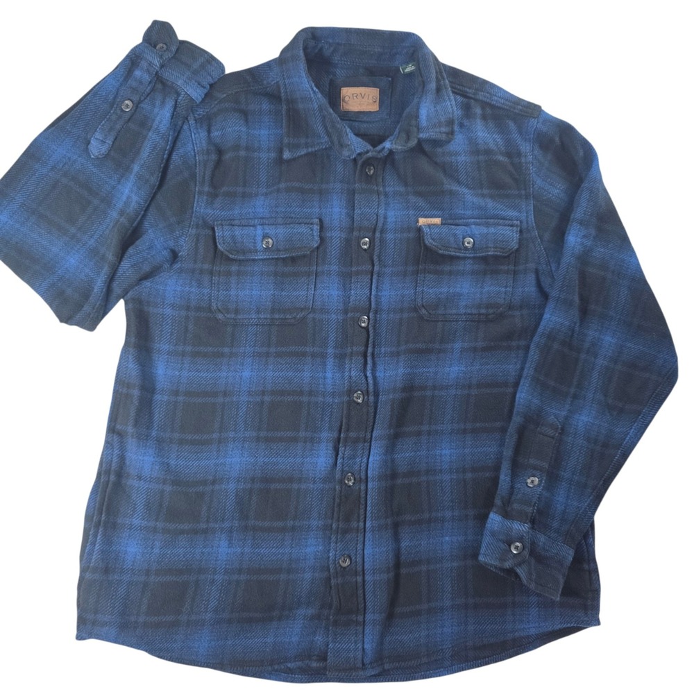 Orvis Heavyweight Plaid Flannel Shirt Blue Black Buffalo Check Large Mens